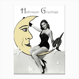 Sexy Pinup Girl Sitting On A Moon With Her Black Cat Canvas Print