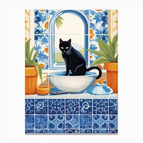 Black Cat In The Kitchen Sink, Mediterranean Style 5 Canvas Print