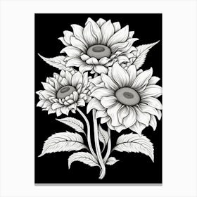Sunflowers In Black And White Line Art 3 Canvas Print