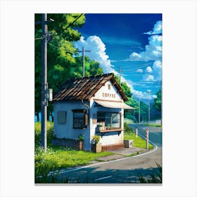 Lofi Anime Art: Quaint countryside coffee shop surrounded by greenery, wildflowers, and a quiet road. Perfect for calm and nostalgic vibes. Canvas Print