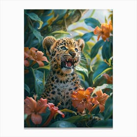 A Happy Front faced Leopard Cub In Tropical Flowers 17 Canvas Print