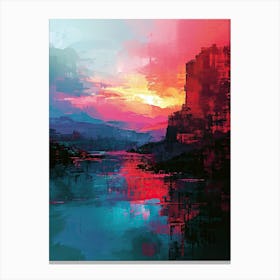 Sunset Over The Water | Pixel Art Series Canvas Print