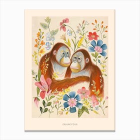 Folksy Floral Animal Drawing Orangutan Poster Canvas Print
