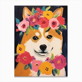 Shiba Inu Portrait With A Flower Crown, Matisse Painting Style 1 Canvas Print