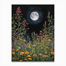 The Full Moon Over Wildflowers - Witchy Botanical Lunar Art Pagan Goddess Fairytale Fantasy Magical Mystical Beautiful Summer Flowers in the Garden on a Super Bright Glowing Moon HD Canvas Print