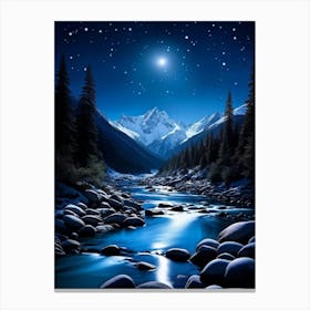 Midnight Dark Night Encompassing Snow Covered Mountain Forests Large Rocks And Pebbles Nestled In D Canvas Print