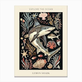Lemon Shark Seascape Black Background Illustration 3 Poster Canvas Print