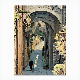 Sunlit Alleyway Under Stone Arches. A serene cobblestone alleyway bathed in sunlight, framed by aged stone arches and walls adorned with greenery. A solitary figure walks into the distance, evoking a sense of timeless solitude and quiet charm Canvas Print