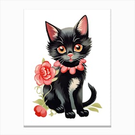 Vintage Black Cat Flowers Kitsch Canvas Print