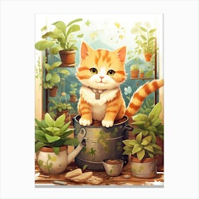 Kawaii Cat Drawings Gardening 6 Canvas Print
