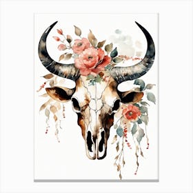 Vintage Boho Bull Skull Flowers Painting (13) Canvas Print