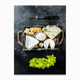 Cheese platter with brie, camembert, roquefort, parmesan, blue cream cheese, grape and nuts — Food kitchen poster/blackboard, photo art Canvas Print