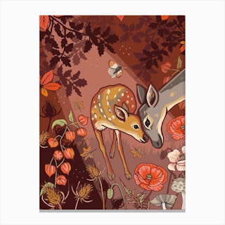 Doe And Fawn In Autumn Woods Canvas Print