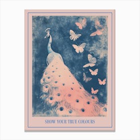 Pink & Blue Peacock Cyanotype Inspired With Butterflies 2 Poster Canvas Print
