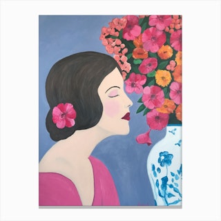 Woman With Chinoiserie Vase And Flowers Canvas Print