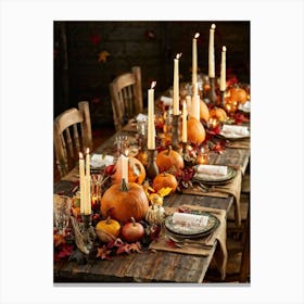 Autumn Harvest Table Decor Arranged Traditionally Rustic Style Featuring An Outlined Cornucopia Br (6) Canvas Print