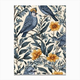 Blue Birds And Flowers Seamless Pattern Canvas Print