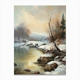 Ancient landscapes, old winter oil paintings and rocks around the lake bank. Snow is falling on the lake, old colors.16 1 Canvas Print