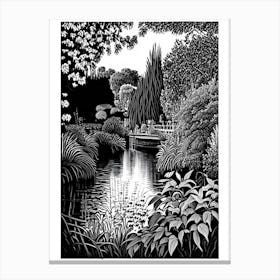 Claude Monet Foundation Gardens, France Linocut Black And White Vintage Canvas Print