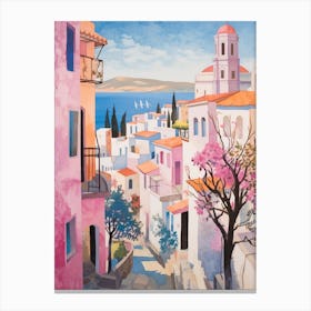 Santorini Greece 3 Vintage Pink Travel Illustration Canvas Print