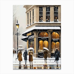 Paris cafes, winter season, Christmas, autumn oil colors, pale colors, pedestrians in the street, winter clothes, falling snow.Christmas decorations.10 1 Canvas Print