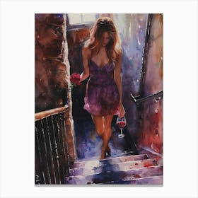 Watercolor Of A Woman Walking Down Stairs Canvas Print