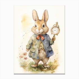 Bunny With A Clock Rabbit Prints Watercolour Canvas Print