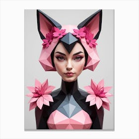 Low Poly Fox Girl,Black And Pink Flowers (9) Canvas Print