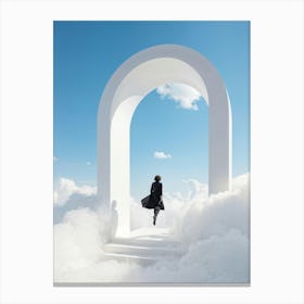 Cumulus Clouds Morph Into An Abstract Cartoon Style Portal Where A Solitary Figure Levitates Their (3) Canvas Print