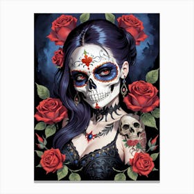 Sugar Skull Girl With Roses Painting (18) Canvas Print