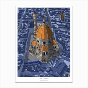 Florence Catheral San Lorenzo - Indigo Whimsical Wall Art - Retro Italian Travel Illustration Canvas Print