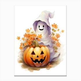 Cute Ghost With Pumpkins Halloween Watercolour 27 Canvas Print