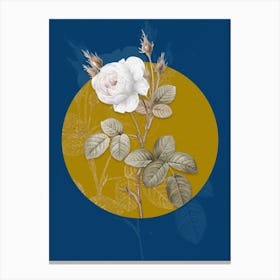 Vintage Botanical White Misty Rose on Circle Yellow on Blue Canvas Print