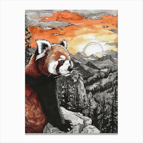 Red Panda Looking At A Sunset From A Mountaintop Ink Illustration 1 Canvas Print