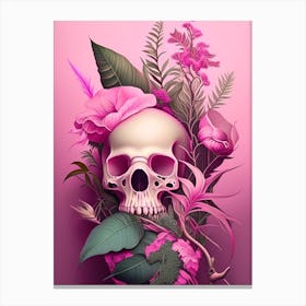 Skull With Surrealistic Elements 1 Pink Botanical Canvas Print
