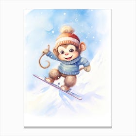 Monkey Painting Skiing Watercolour 4 Canvas Print