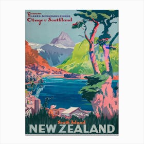 New Zealand, South Island, Vintage Travel Poster Canvas Print