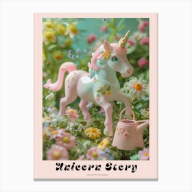 Toy Unicorn In The Garden Pastel Flowers Poster Canvas Print