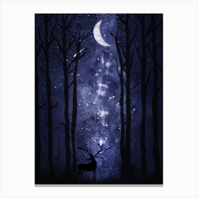 Deer In The Forest - Starry Night and Moon #1 Canvas Print