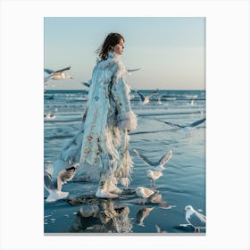 "Woman with Seagulls in Timeless Elegance" Canvas Print