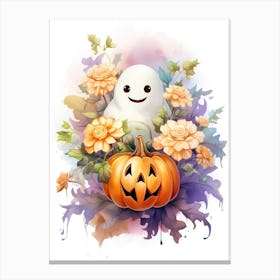 Cute Ghost With Pumpkins Halloween Watercolour 76 Canvas Print