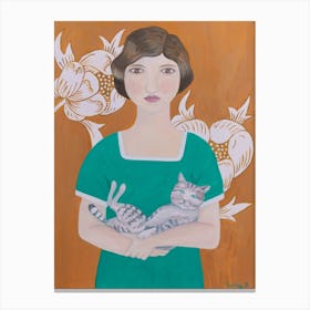 2 Woman In Green Dress With Cat Canvas Print