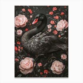 A Black Swan Surrounded By Flowers, Dark Grey Background, Rococo Style, Dreamy Realism, Pink And Red Tones, Baroque Ornamentation Surrounding, Detailed Feather Rendering, Gothic Art, Oil Painting, Dark Grey Background, Pink And Red Toile