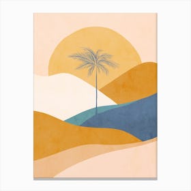 Mid Mod Boho Serene Tropical Palm Sunset Peach Fuzz, Blue, Ochre Canvas Print