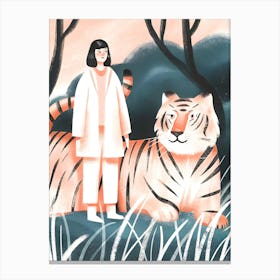 Woman and Big Tiger in The Jungle Canvas Print