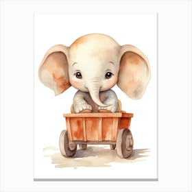 Baby Elephant On Toy Car, Watercolour Nursery 1 Canvas Print