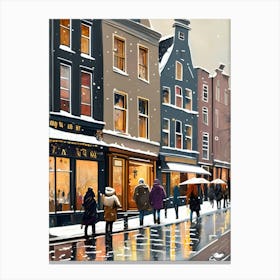 Amsterdam cafes, winter season, Christmas, autumn oil colors, pale colors, pedestrians in the street, winter clothes, falling snow.12 Canvas Print