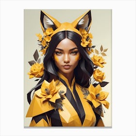 Low Poly Floral Fox Girl, Black And Yellow (11) Canvas Print