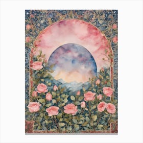 Blue Moon Amongst Pink Roses ~ Art Nouveau Tarot Double Moon Vines Room Wall Home Decor ~ Witchy Pagan Beautiful Pink Full Moon ~ Bohemian Watercolour Painting Crystal Ball Witch Witchcore Fairytale Artwork, Goddess Yoga Meditation Room 1 Canvas Print