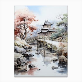 Ritsurin Garden In Kagawa, Japanese Brush Painting, Ukiyo E, Minimal 4 Canvas Print
